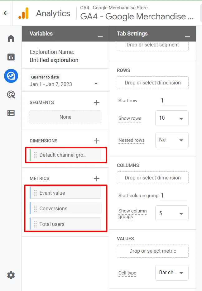 dimensions and metrics added in exploration report