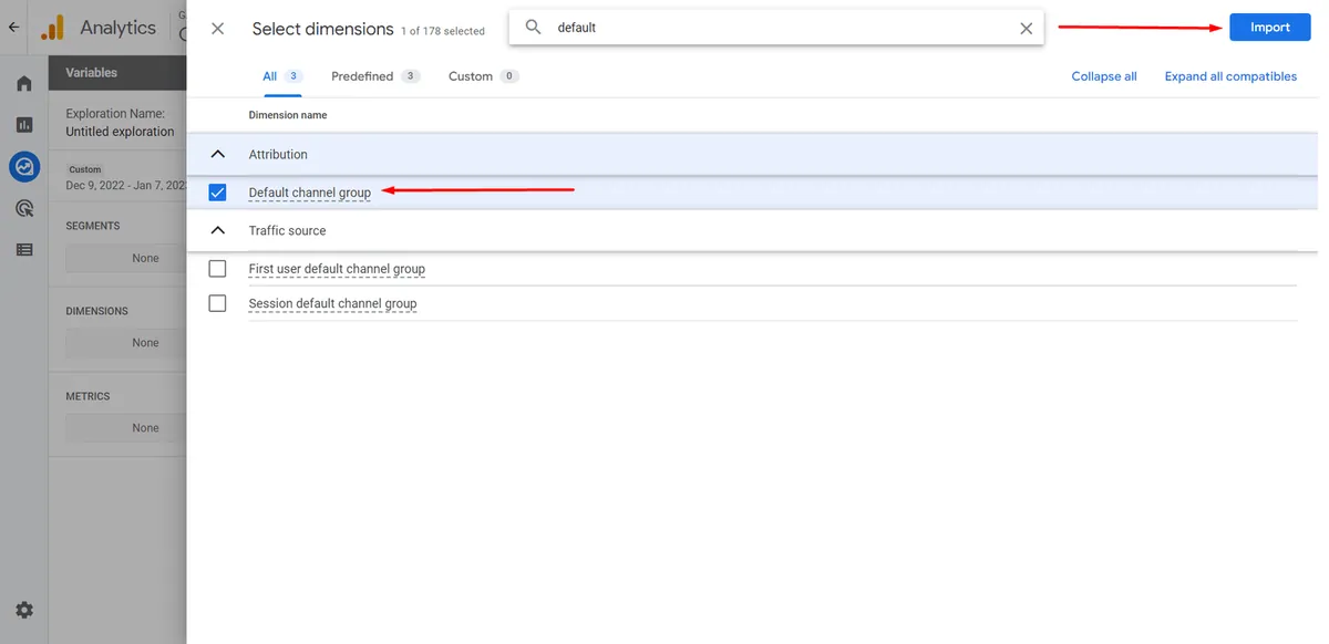 import dimensions in free form report