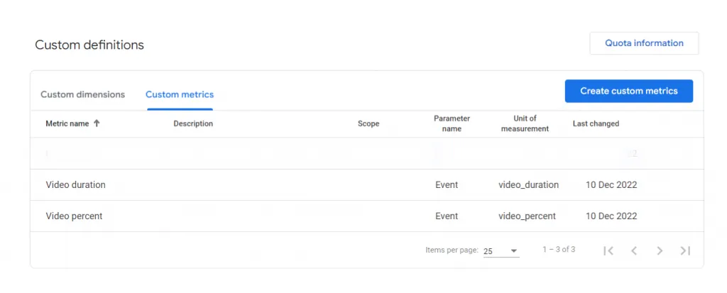 custom metrics for video duration and video percentage