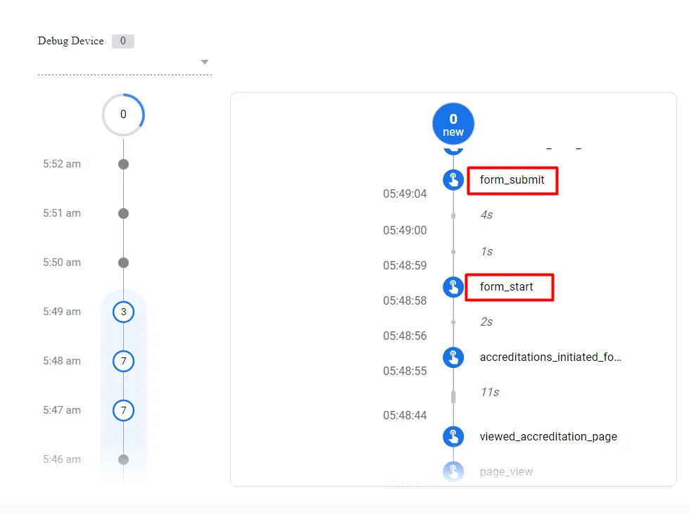 form interaction events in debug mode