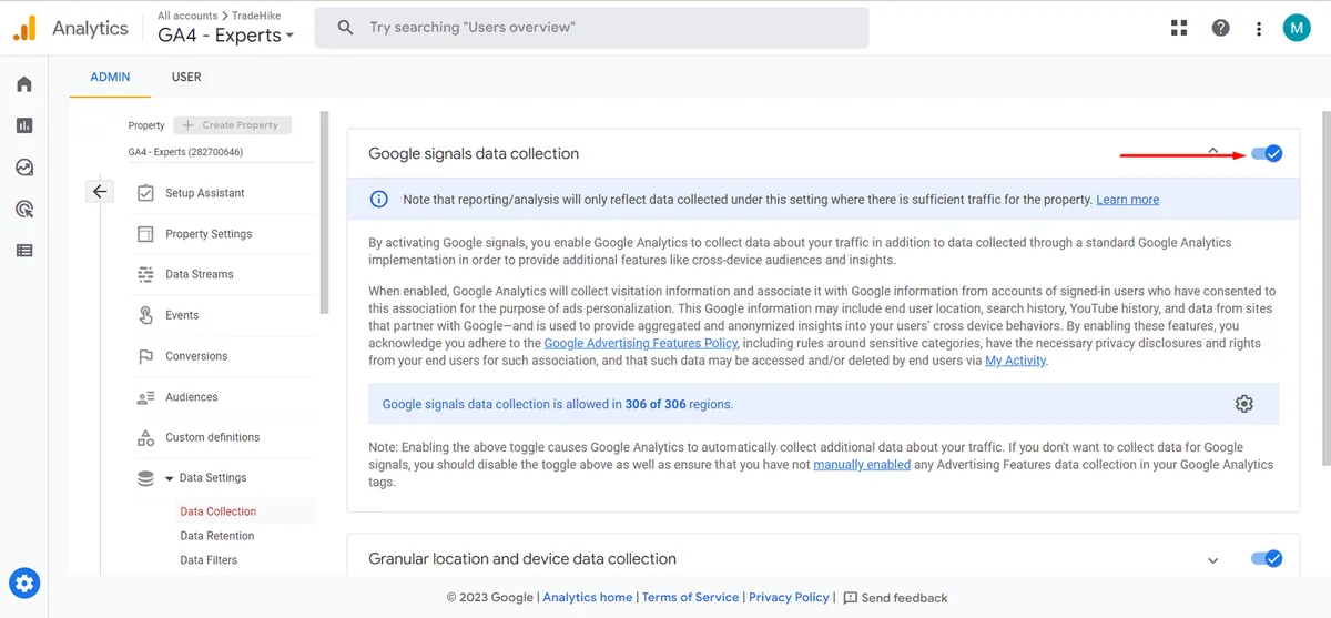 google signals data collection toggle