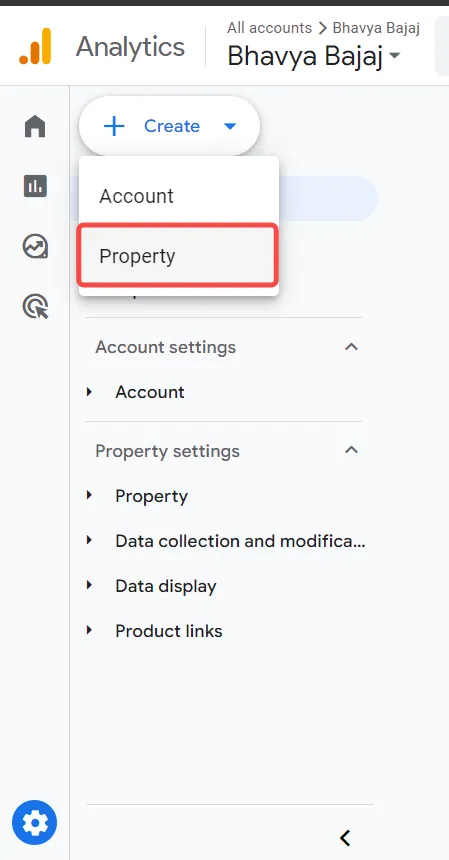 2. Add Property: Go to the Admin tab and select 'Create a Property', choose GA4 , and input basic details