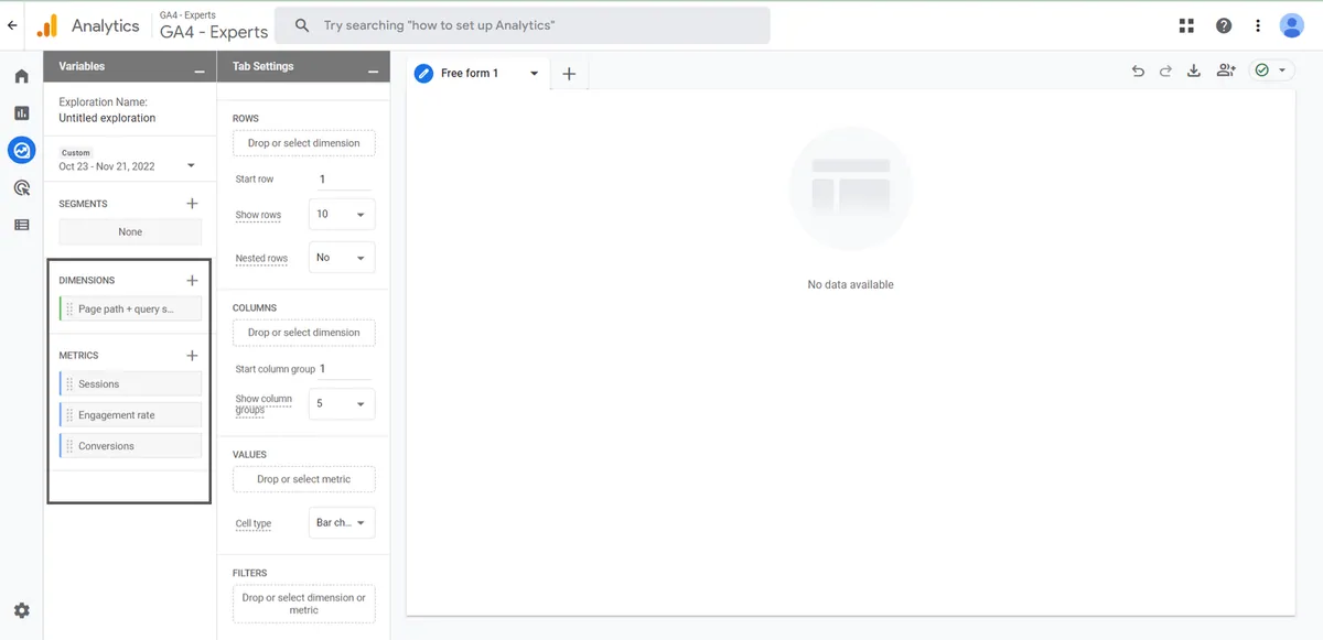 dimensions and metrics in free form reports