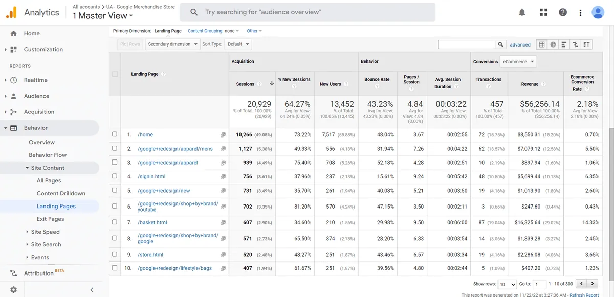 landing page report in UA
