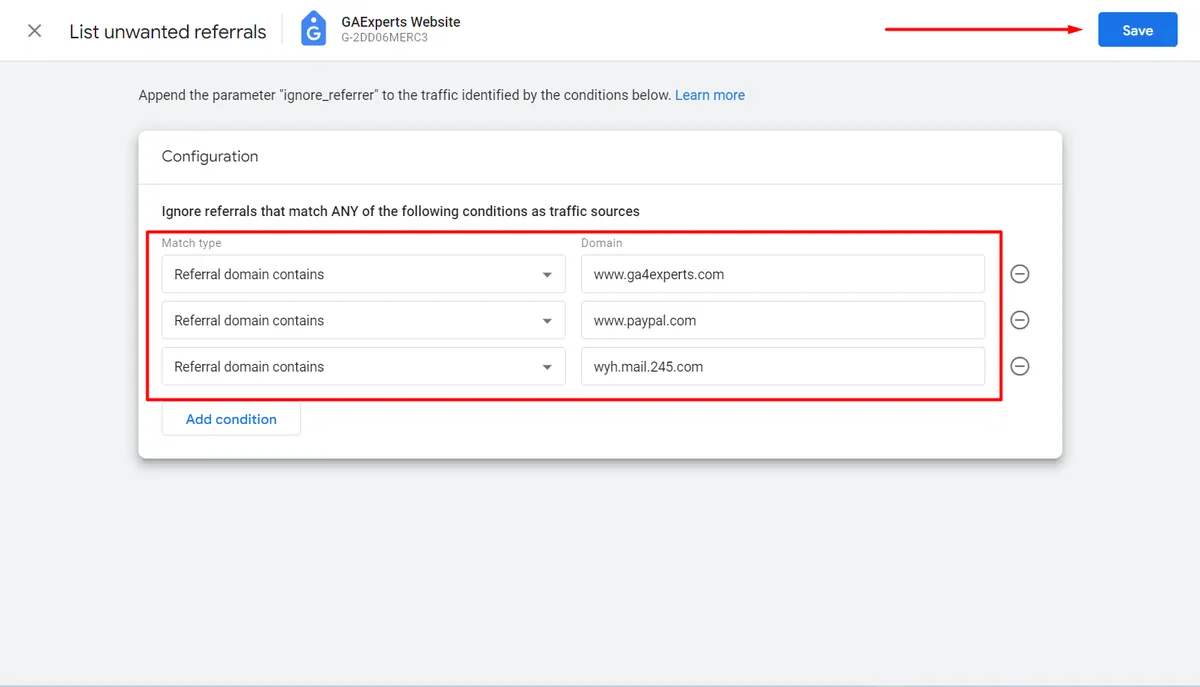 save unwanted referral domains configuration