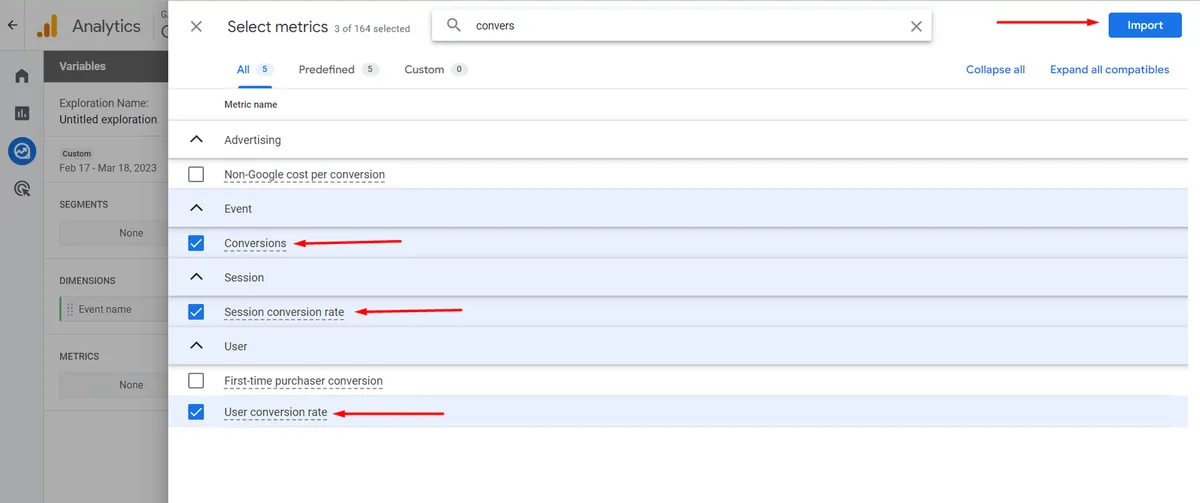 conversion rate metrics in ga4 exploration reports