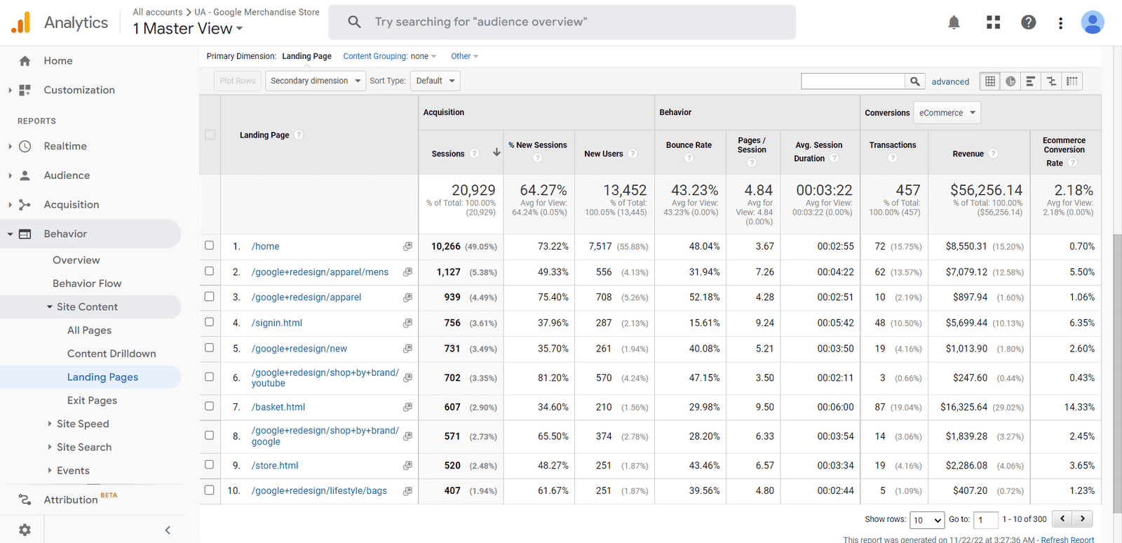 landing page report in UA