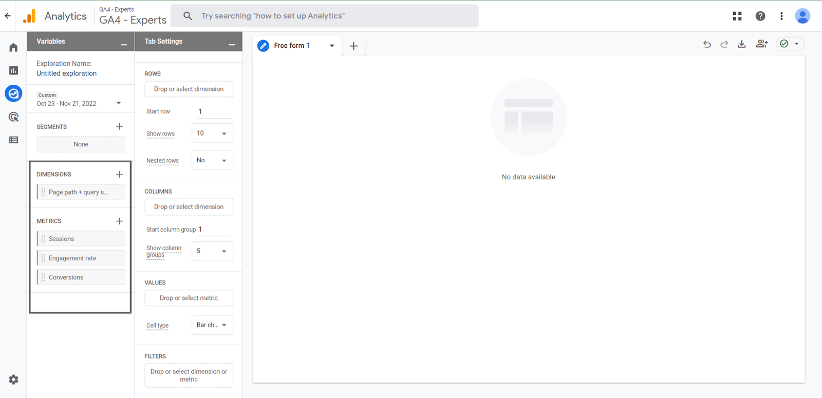dimensions and metrics in free form reports