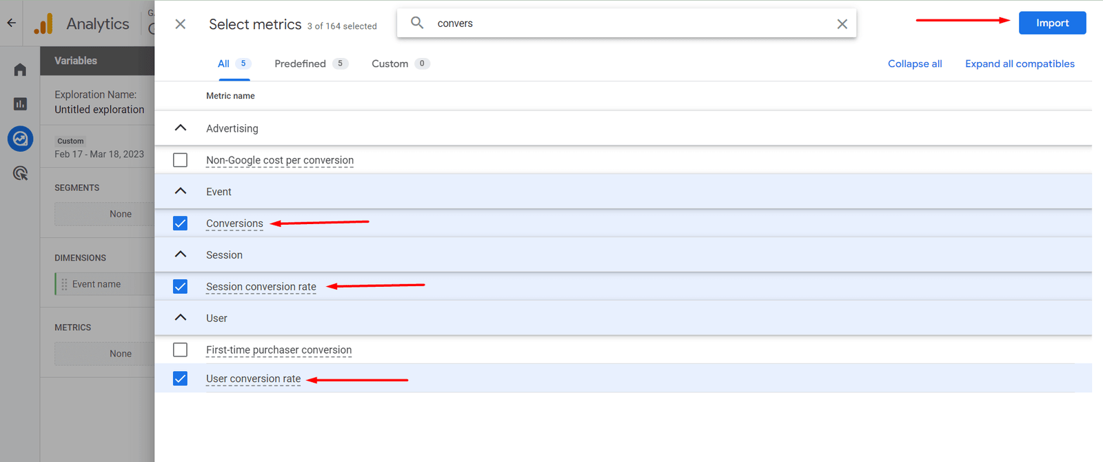 conversion rate metrics in ga4 exploration reports