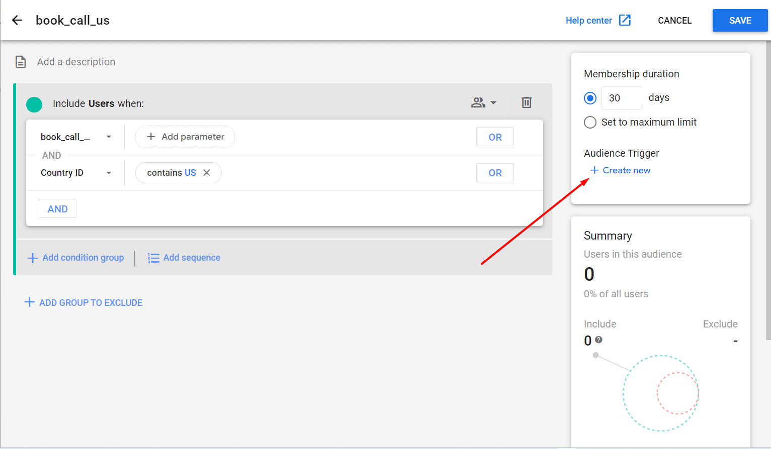 create new audience trigger button