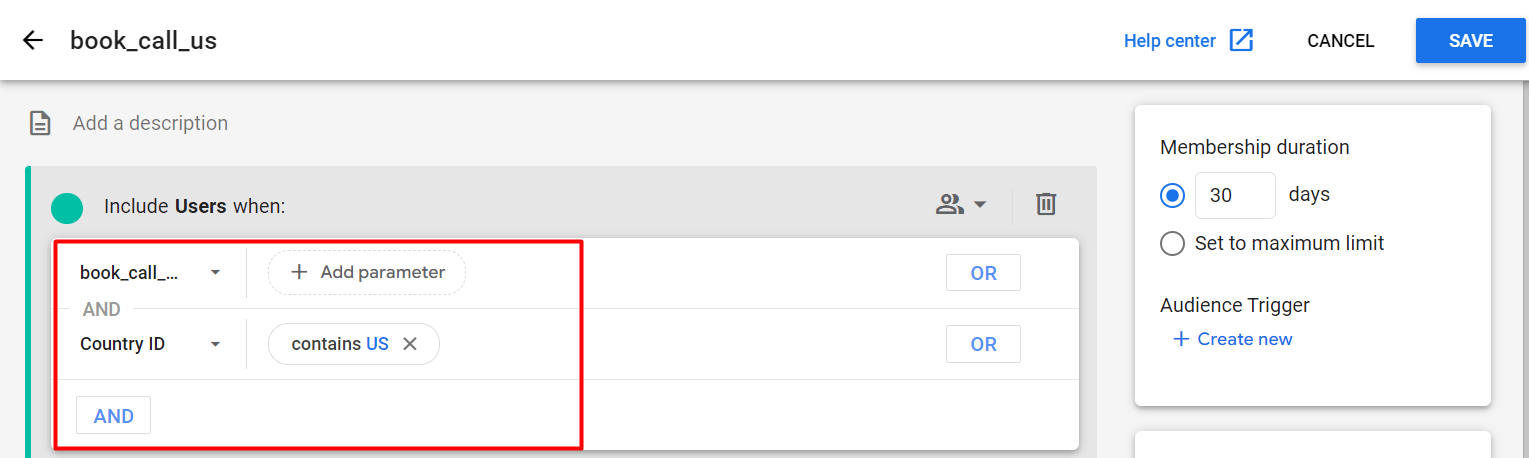 creating custom audience with country id of US