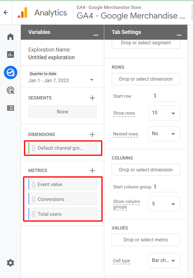 dimensions and metrics added in exploration report