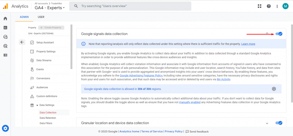 google signals data collection toggle