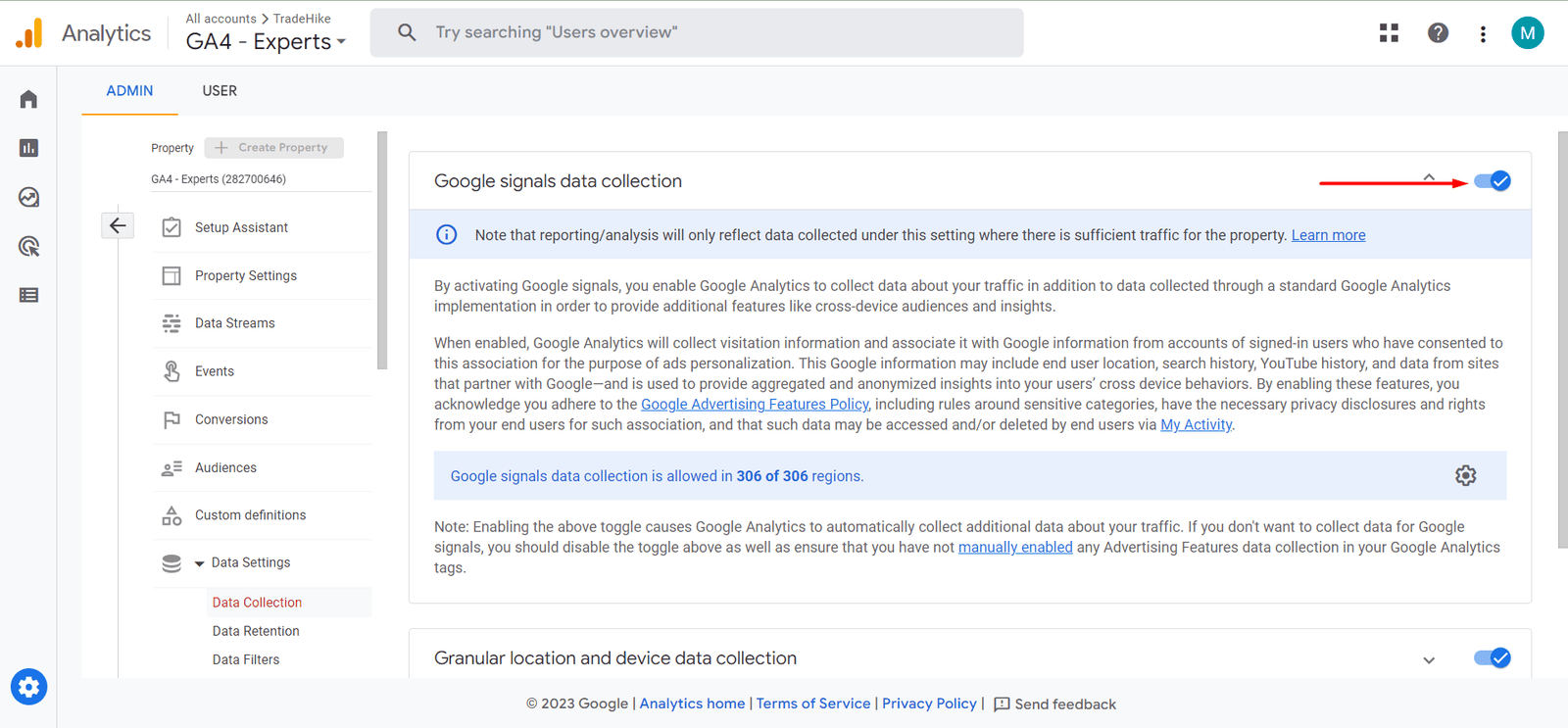 google signals data collection toggle