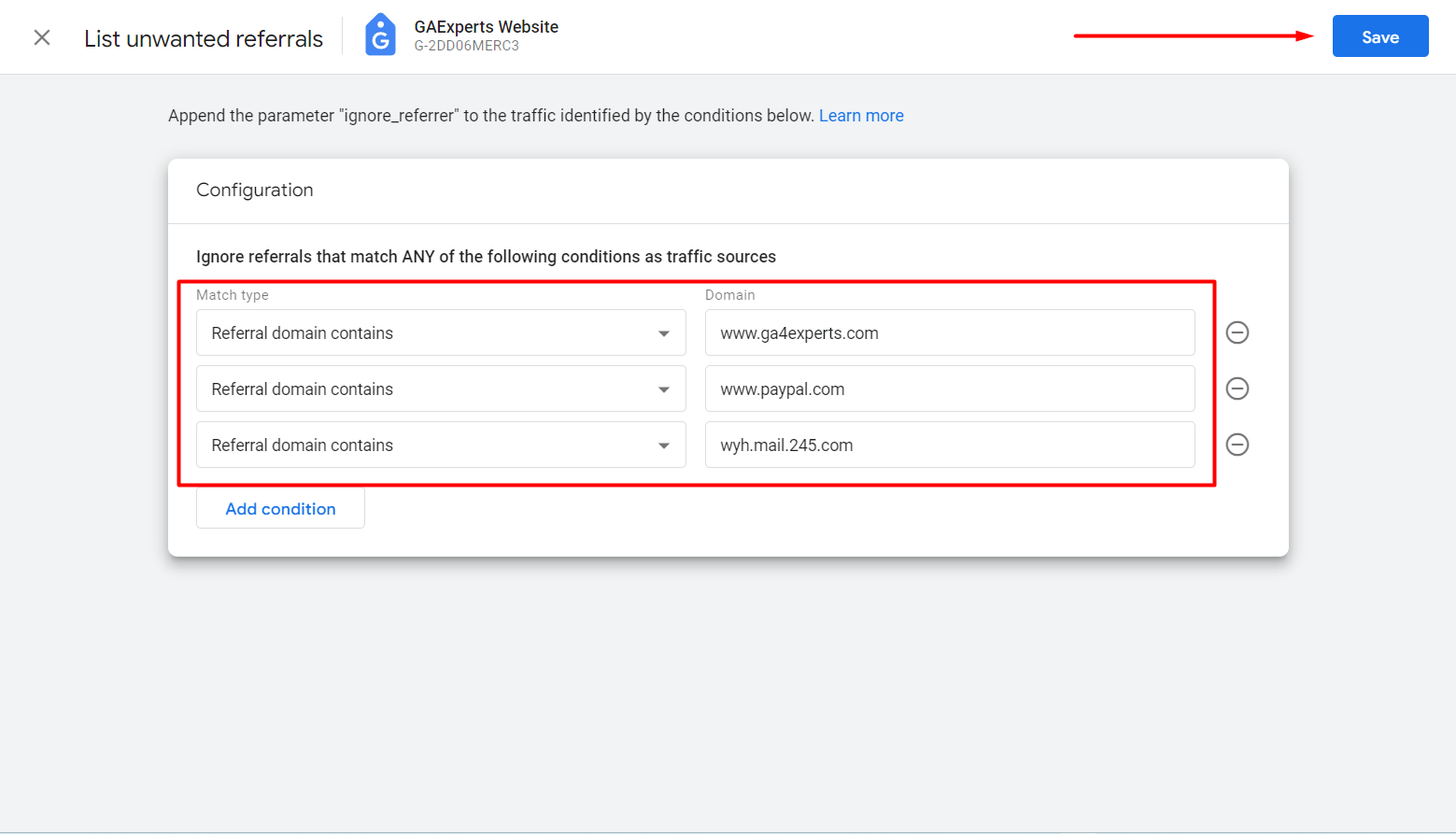 save unwanted referral domains configuration