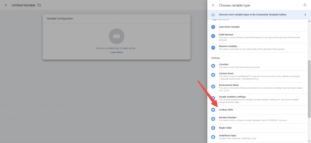 Select the 'Lookup Table' as the variable type